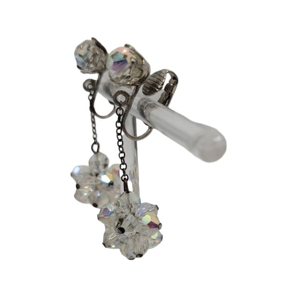 Vtg Aurora Borealis Crystal Clip-On Dangle Earrings AB Cluster Drop Statement - Picture 6 of 10